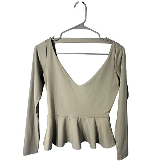 Susana Monaco Womens Long Sleeve Peplum Top With Open Back In Sage/grey, SM - Picture 1 of 7